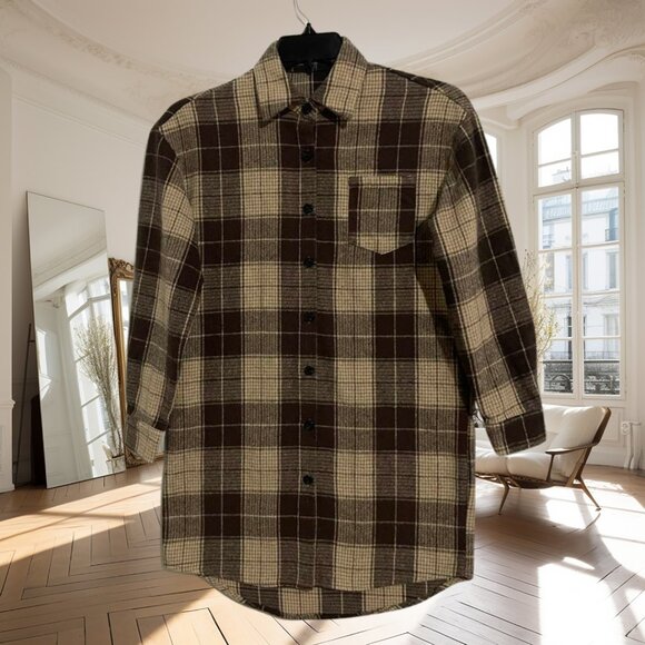 Shein Plaid Long Shirt Jacket XS | Brown Cream Check | Shacket Vibes NWOT - Picture 2 of 10